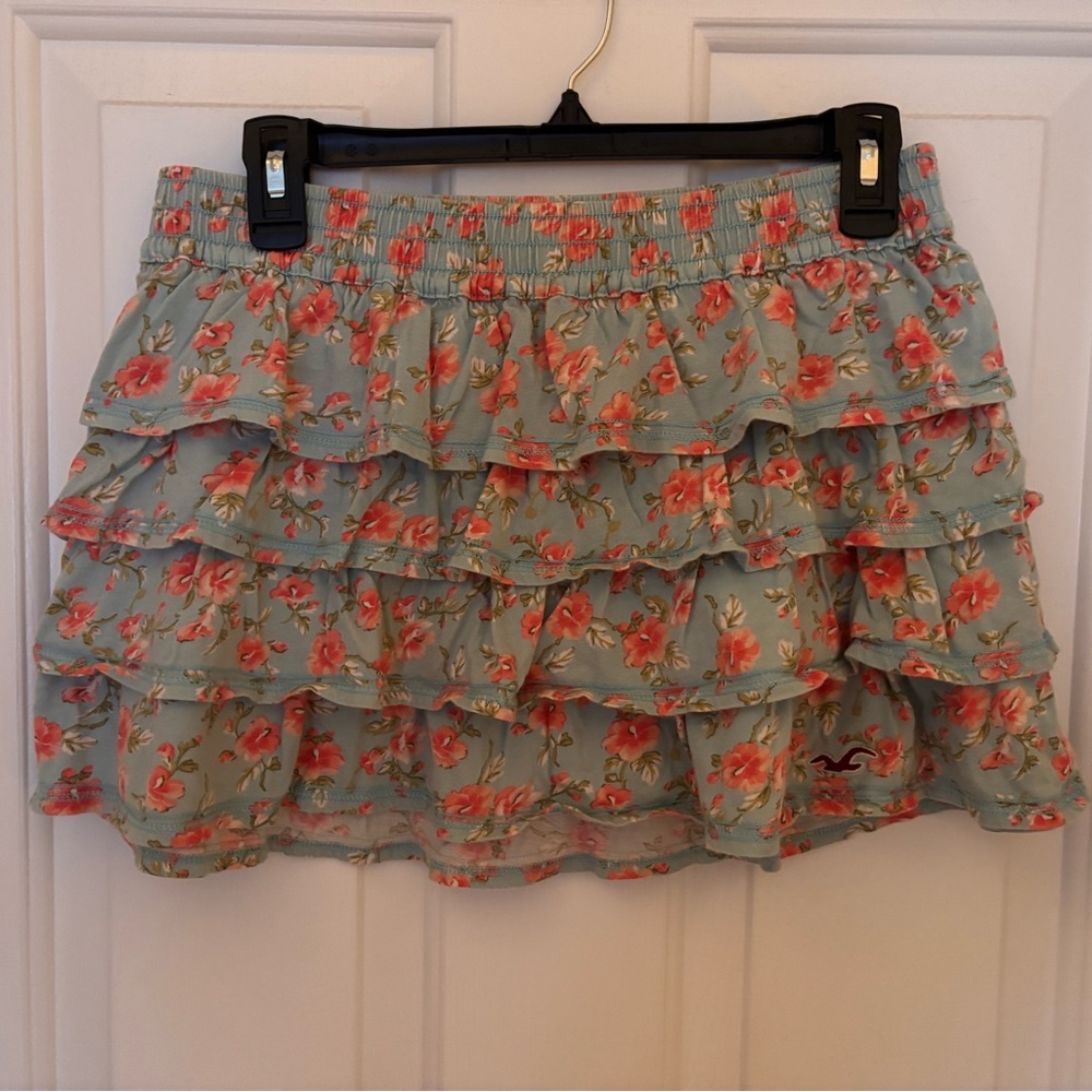 Hollister Blue and Pink Floral Ruffle Mini Skirt